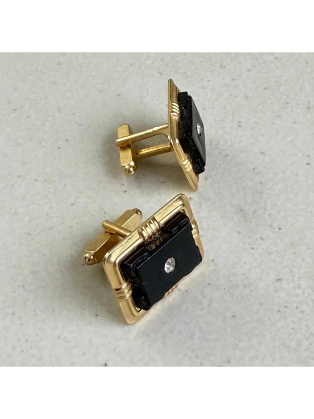 Vintage Black Rectangle Crystal Rhinestone Cuff Links Gold Tone Metal Cufflinks